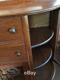Antique Tiger Oak Claw Foot Curved Glass China Curio Cabinet 2 Drawers