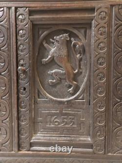 17th Century Charles II English Oak Carved Cabinet Dated 1653