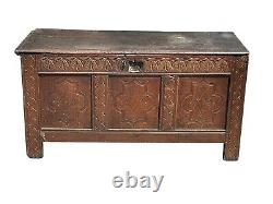 17th century carved oak coffer primitive blanket chest 1600s antique Jacobean