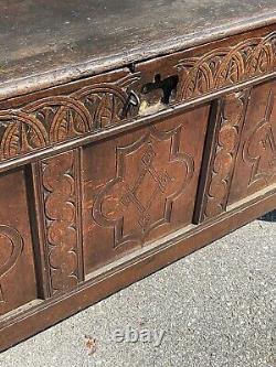 17th century carved oak coffer primitive blanket chest 1600s antique Jacobean