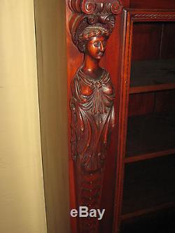 1850's-80's Victorian Flaming Mahogany Bookcase Carved Female Figurals Original
