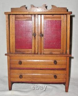 1880s Chestnut 2 Door 2 Drawer Orig RED Paint SALESMAN'S SAMPLE CABINET 10.75 H