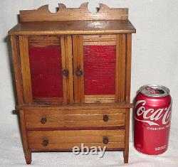 1880s Chestnut 2 Door 2 Drawer Orig RED Paint SALESMAN'S SAMPLE CABINET 10.75 H