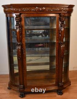 1890 Antique R. J Horner American Empire Tiger Oak carved Griffin China Cabinet