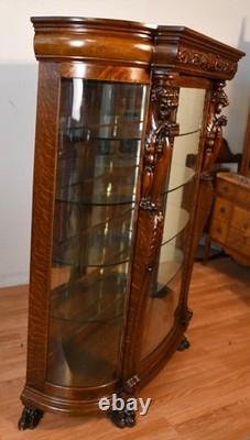 1890 Antique R. J Horner American Empire Tiger Oak carved Griffin China Cabinet