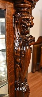 1890 Antique R. J Horner American Empire Tiger Oak carved Griffin China Cabinet