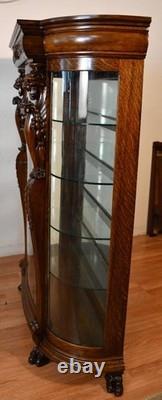 1890 Antique R. J Horner American Empire Tiger Oak carved Griffin China Cabinet