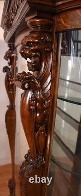 1890 Antique R. J Horner American Empire Tiger Oak carved Griffin China Cabinet