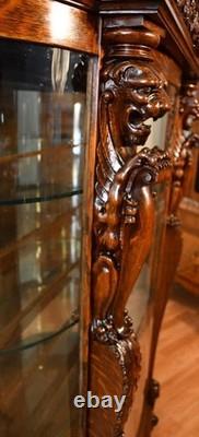1890 Antique R. J Horner American Empire Tiger Oak carved Griffin China Cabinet