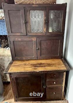 1918 Hoosier Cupboard Cabinet Country Farmhouse Kitchen Primitive Oak Glass Orig