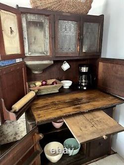 1918 Hoosier Cupboard Cabinet Country Farmhouse Kitchen Primitive Oak Glass Orig