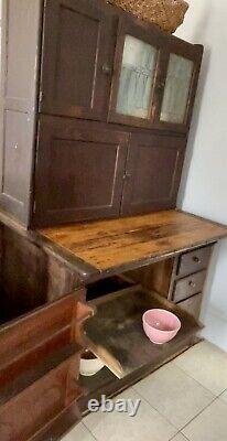 1918 Hoosier Cupboard Cabinet Country Farmhouse Kitchen Primitive Oak Glass Orig