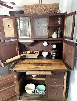 1918 Hoosier Cupboard Cabinet Country Farmhouse Kitchen Primitive Oak Glass Orig