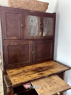 1918 Hoosier Cupboard Cabinet Country Farmhouse Kitchen Primitive Oak Glass Orig