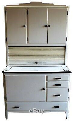 1920s Mutschler Bros Porc-Enamel Hoosier Style Tambour Kitchen Cabinet