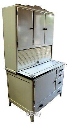 1920s Mutschler Bros Porc-Enamel Hoosier Style Tambour Kitchen Cabinet