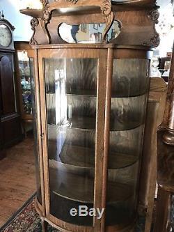 1930s Golden Oak Curved Glass Front & Sides Curio / China Cabinet
