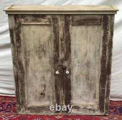 19th C Antique Primitive Pine Wall Cabinet In Nice Old Green Paint Finish