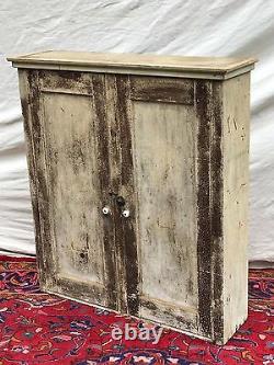 19th C Antique Primitive Pine Wall Cabinet In Nice Old Green Paint Finish