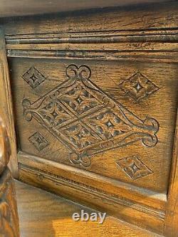 19th C Antique Tiger Oak Carved Jacobean Style Court Cupboard / Sideboard