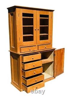 19th C Country Primitive Antique Shaker Maple Cabinet / Step Back Cupboard Hutch