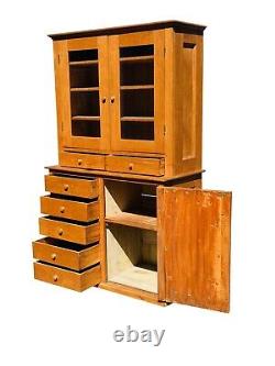 19th C Country Primitive Antique Shaker Maple Cabinet / Step Back Cupboard Hutch