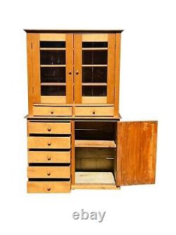 19th C Country Primitive Antique Shaker Maple Cabinet / Step Back Cupboard Hutch