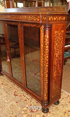 19th Century Dutch Marquetry Mahogany & Satinwood Inlaid Bookcase Cabinet