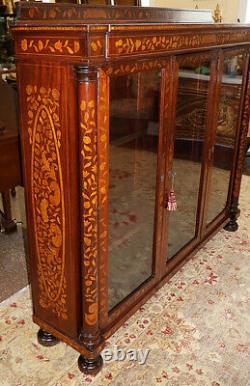 19th Century Dutch Marquetry Mahogany & Satinwood Inlaid Bookcase Cabinet