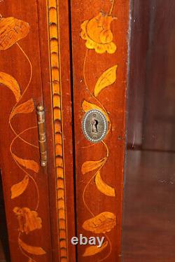 19th Century Dutch Marquetry Mahogany & Satinwood Inlaid Bookcase Cabinet