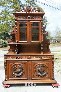 19th Oak Sideboard Buffet with China Bookcase TopCarved Birds and Nuts