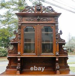 19th Oak Sideboard Buffet with China Bookcase TopCarved Birds and Nuts
