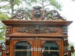 19th Oak Sideboard Buffet with China Bookcase TopCarved Birds and Nuts