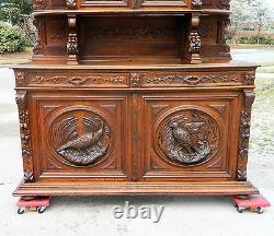 19th Oak Sideboard Buffet with China Bookcase TopCarved Birds and Nuts