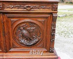 19th Oak Sideboard Buffet with China Bookcase TopCarved Birds and Nuts