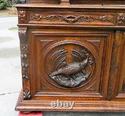 19th Oak Sideboard Buffet with China Bookcase TopCarved Birds and Nuts