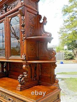 19th Oak Sideboard Buffet with China Bookcase TopCarved Birds and Nuts