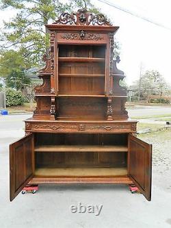 19th Oak Sideboard Buffet with China Bookcase TopCarved Birds and Nuts