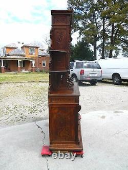 19th Oak Sideboard Buffet with China Bookcase TopCarved Birds and Nuts