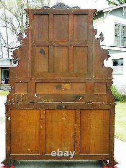 19th Oak Sideboard Buffet with China Bookcase TopCarved Birds and Nuts