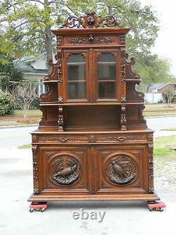 19th Oak Sideboard Buffet with China Bookcase TopCarved Birds and Nuts