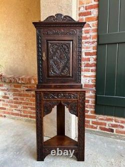 19th century Petite Antique English Corner Cabinet Carved Oak British Bookcase