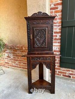 19th century Petite Antique English Corner Cabinet Carved Oak British Bookcase