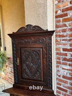 19th century Petite Antique English Corner Cabinet Carved Oak British Bookcase