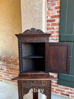 19th century Petite Antique English Corner Cabinet Carved Oak British Bookcase