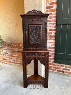 19th century Petite Antique English Corner Cabinet Carved Oak British Bookcase