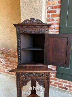 19th century Petite Antique English Corner Cabinet Carved Oak British Bookcase