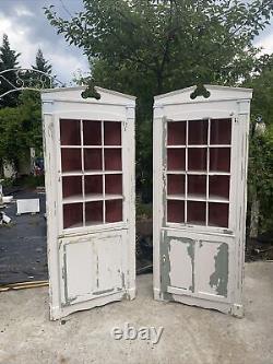 2 Rare Antique Corner Cabinets 12 Pane Divided Glass Door And Door On Bottom