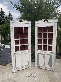 2 Rare Antique Corner Cabinets 12 Pane Divided Glass Door And Door On Bottom