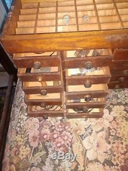 20 Drawer Wood Watchmakers Cabinet Counter Top Antique Vintage with contents